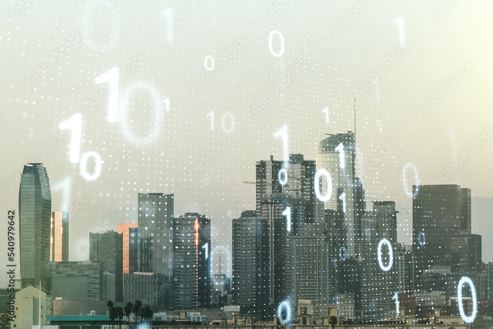 Aufkleber Abstract virtual binary code sketch on Los Angeles office buildings background, hacking and matrix concept. Multiexposure