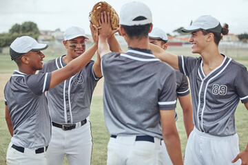 Baseball player men hands connect for teamwork, motivation and mission on sports field. Group of...