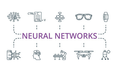 Neural Networks icon set. Monochrome simple Neural Networks icon collection. Big Data, Pattern, Algorithm, Smart Glasses, Smart Watch, Smart Lens, Neural Interface, Robotic Conveyor, Air Drone