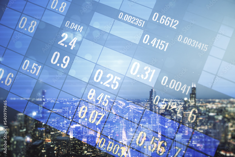 Poster multi exposure of abstract virtual graphic data spreadsheet sketch on chicago cityscape background, 