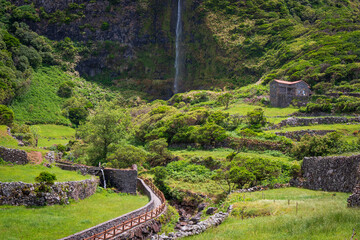 Path to the waterfall Poco do Bacalhau in Flores island of Azores
