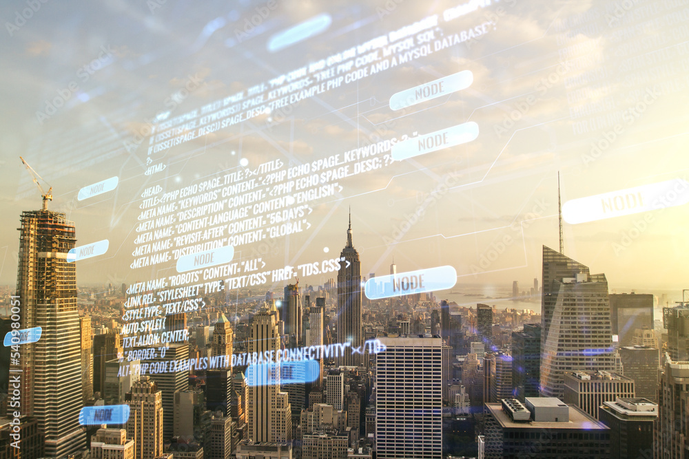 Poster double exposure of abstract programming language interface on new york city skyscrapers background, 