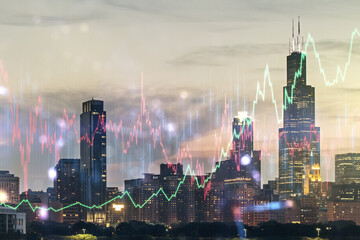 Multi exposure of virtual abstract financial graph interface on Chicago cityscape background, financial and trading concept