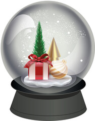 Crystal ball, snow globe with snow tree, christmas toy and gift box inside, falling snow, realistic holiday decoration. Merry Christmas and Happy New Year 2023.