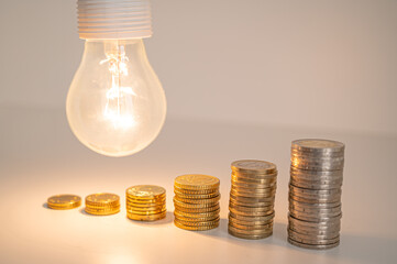 Lit light bulb with coins beside it. Increase in energy tariffs. Efficiency and energy saving. 
