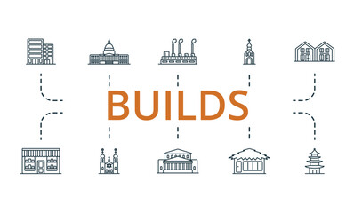 Builds icon set. Monochrome simple Builds icon collection. Office, Government, Factory, Church, Townhouse, Shop, Synagogue, Theater, Bungalow, Pagoda icon