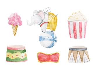 cute childish set with circus elements, party, perfomance collection, clipart