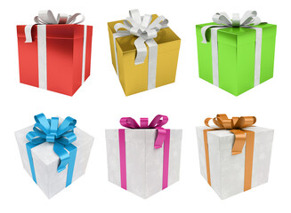 Clolorful christmas gift collection isolated on transparent background. 3D rendering present set with bow for Xmas