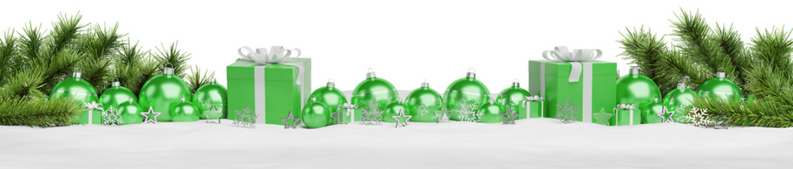 Isolated glossy christmas decoration lined up on white. 3D rendering green shiny baubles ornaments. Gifts with bows and glossy golden stars. Merry Xmas cut out background