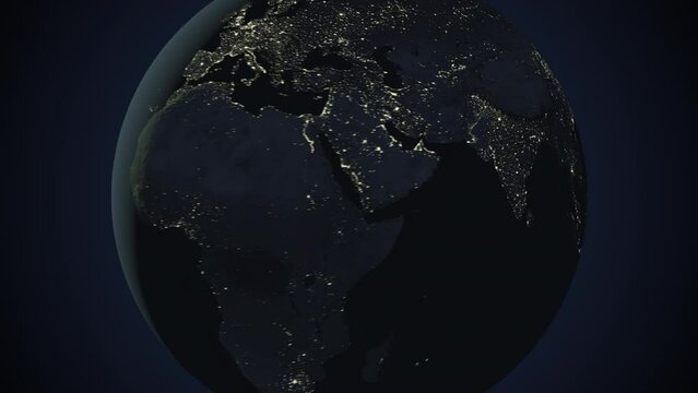 Seamless looping animation of the earth at night zooming in to the 3d map of Nepal with the capital and the biggest cites in 4K resolution