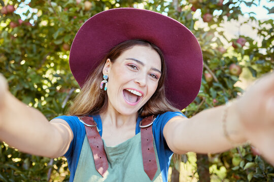 Happy, woman and travel for nature selfie excited on summer vacation enjoying the countryside in the outdoors. Portrait of female traveler in joyful happiness with smile for photo adventure or trip