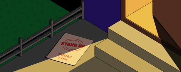 Half open door into bar with stand up show. Announcement about event on the ground. Leaflet with time beginning and text Stand up. Light from door.