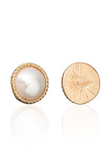 Subject shot of golden round stud earrings adorned with shiny decorative pearls. The earrings are isolated on the white background. Front and back views. Vogue accessory for ladies and girls.
