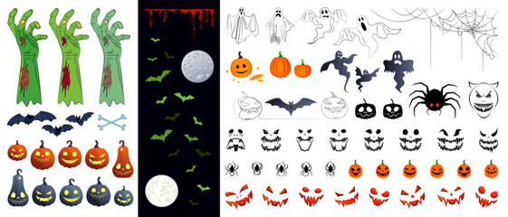 A set of various vector drawings for Halloween: pumpkins, ghosts, zombie hands, monsters. Items isolated on a white background to create your designs for the Halloween holiday.