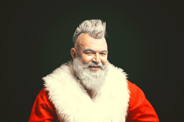 Cheerful Santa Claus with mohawk. Good-natured gray-haired old man Santa in a good mood. New Year and Christmas in the company of an unusual Santa