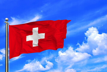 Switzerland Rectangular Flag Waving In The Wind On A Beautiful Summer Blue Sky