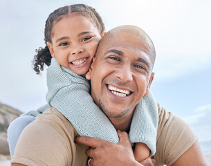 Happy, father and child hug with smile for family quality bonding time together in the outdoors. Portrait of dad and kid piggyback smiling in joyful happiness for carefree summer vacation in nature