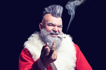 Tobacco smoking crazy Santa claus with mohawk. Dangerous gray-haired old man Santa. New Year and...