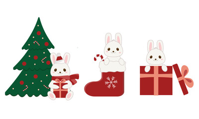 Set of cute christmas bunnies. Collection of adorable new year rabbits. Vector сartoon  illustration.