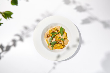 Italian ravioli with meat and mushroom sauce on white plate. Meat tortellini with creamy sauce in summer menu with shadows of tree leaves Ravioli stuffed beef in elegant style