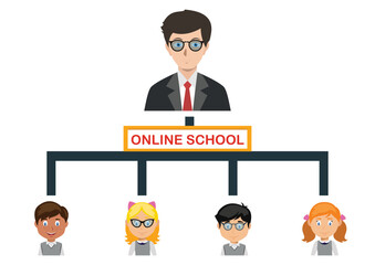Online School. Pupils and Teacher studying online