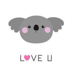 Love you. Koala bear face icon. Heart. Cute cartoon funny baby character. Kawaii animal. Pink cheek. Notebook cover, t-shirt print. Valentines Day greeting card. Flat design. White background.