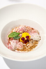 Creative creamy risotto with eel and cheese espuma. Fish risotto on white plate with unagi sauce and eel in summer menu Italian risotto from chef with smoked eel and spinach with shadows of leaves