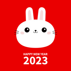 Happy Chinese New Year 2023. The year of the rabbit. Bunny hare round face. Cute kawaii funny animal. Easter. Cartoon funny baby character. Kids print. Flat design. Red background.