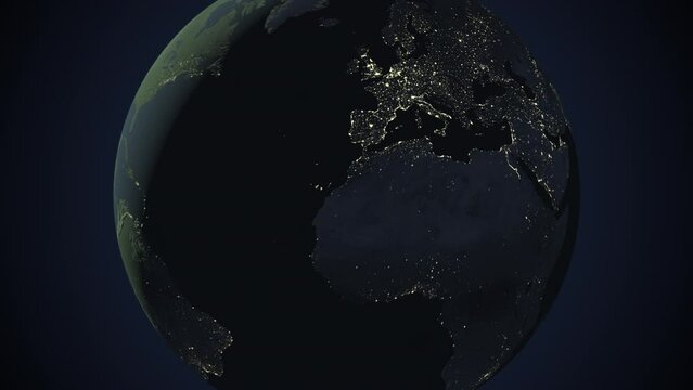 Seamless looping animation of the earth at night zooming in to the 3d map of Netherlands with the capital and the biggest cites in 4K resolution