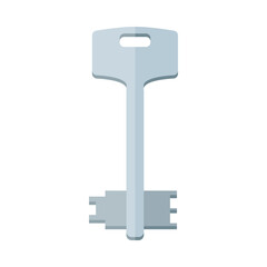 Modern silver key cartoon illustration. Metal key with ornate head from apartment locks isolated on white background. Security, protection, privacy concept