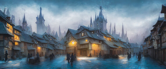 Obraz premium Painting of an old small town, houses in background