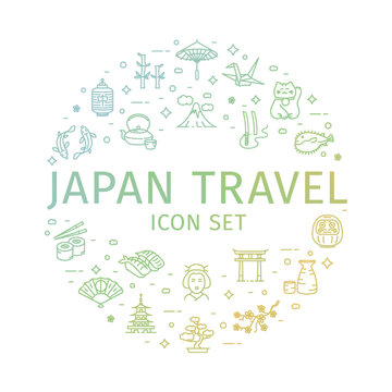 Japan Travel and Tourism Round Design Template Thin Line Icon Concept. Vector