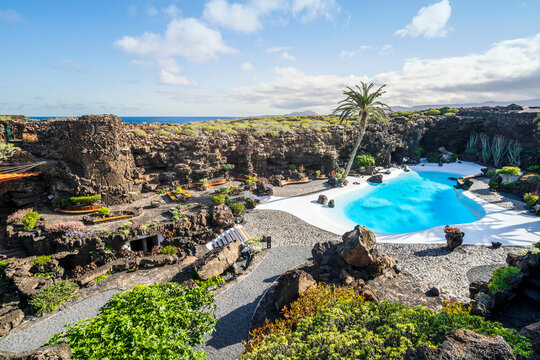 Amazing cave, pool, natural auditorium, salty lake designed by Cesar Manrique in volcanic tunnel called Jameos del Agua in Lanzarote, Spain