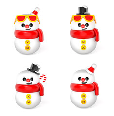 Set of cute snowman 3D cartoon character on white background 3d rendering. 3d illustration celebration christmas and cute new year festive design concept.