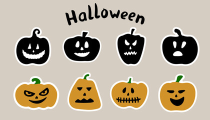 Vector set of Halloween pumpkin face stickers. Funny doodle illustrations for seasonal design