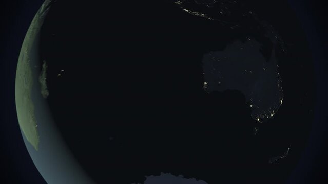 Seamless looping animation of the earth at night zooming in to the 3d map of New Zealand with the capital and the biggest cites in 4K resolution