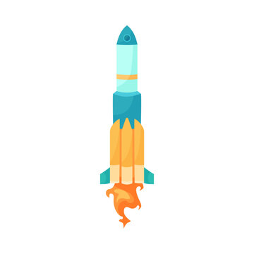 Blue rocket with orange jet steam cartoon illustration. Colorful missile taking off, space ship firing flame and fire isolated on white background. Flight, speed concept