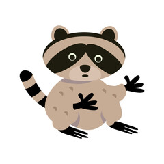 Cute raccoon in cartoon style. Character for postcards, books for children. Vector illustration, icon on isolated background.