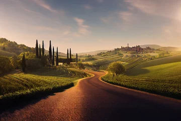 Foto op Canvas AI generated image of Tuscany landscape with grain fields and cypress trees © Amith