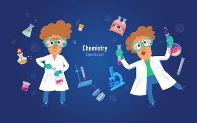 Scientist chemist among the objects. Microscope with mirror in cartoon flat style. Tools for laboratory and medical experiments. Vector isolated illustration in for design.