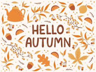 Fototapeta na wymiar Set of cozy autumn elements, hand drawn illustration