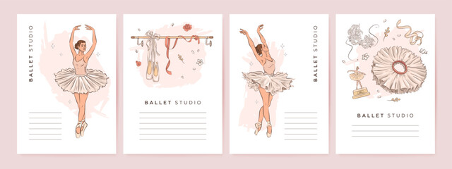 Hand drawn ballet studio poster collection. Vector illustration of beautiful young dancing woman and ballet elements - obrazy, fototapety, plakaty