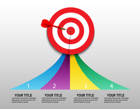 Red dart hit to center of dartboard with arrow for infographic. Arrow on target. Business success, investment goal, marketing challenge, financial strategy, purpose achievement, focus ideas concept.