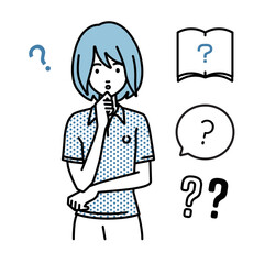 立って手をあごにあてて疑問を感じているポロシャツの女性 クエスチョンマークのセット