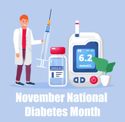 Diabetes Awareness Month on November in USA. American national health care event. Doctor dives insulin, make blood test.