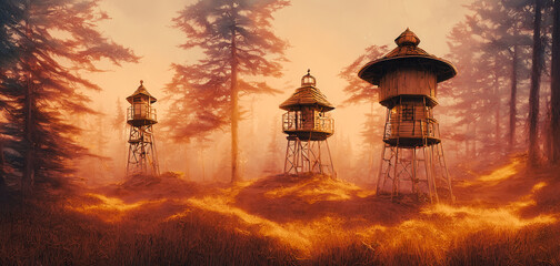 Fototapeta premium Artistic concept painting of a wooden watch tower, background illustration.