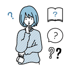 立って手をあごにあてて疑問を感じているリモートワークの女性 クエスチョンマークのセット