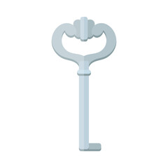 Vintage silver key cartoon illustration. Old-fashioned key with ornate head from locks isolated on white background. Security, protection, privacy concept