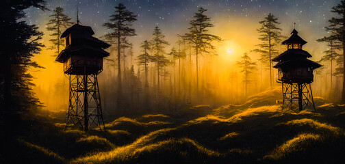 Fototapeta na wymiar Artistic concept painting of a wooden watch tower, background illustration.