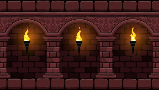 Medieval castle corridor with burning torches. 2d Game seamless background animation.
